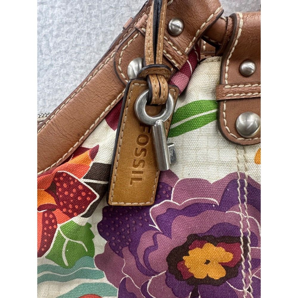 Fossil Floral Print Canvas Handbag Purse Satchel Brown Leather Trim - Picture 13 of 13